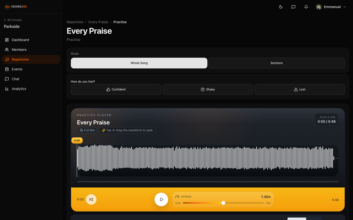 EnsembleOS practice player with waveform, speed controls, and stem mixer